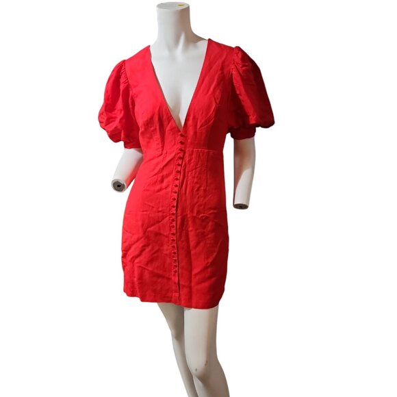 Bardot Talullah Linen Blend Minidress Puff Sleeves Button Accents Plunge Neck - Picture 1 of 7